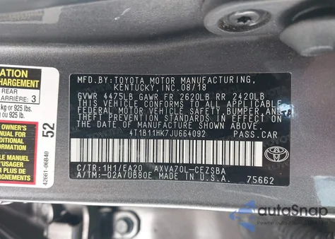 2018 Toyota Camry Se from USA, damaged, VIN 4T1B11HK7JU664092